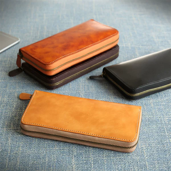 26 New Models of Cross-Border Long Wallets, Japanese-Style Hand-Colored Zippered Wallets, Vegetable-Tanned Leather Top-Layer Cowhide Horizontal Wallets