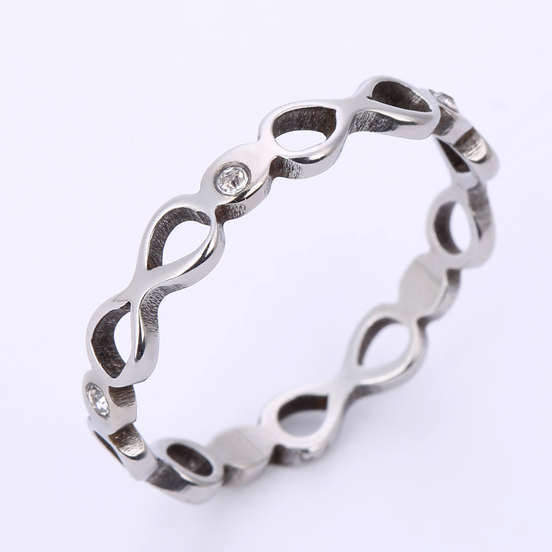 Fabricante de fuente transfronteriza joyería de acero inoxidable corte por láser 8-palabra infinito anillo de acero de titanio de acero inoxidable incrustado en diamante al por mayor