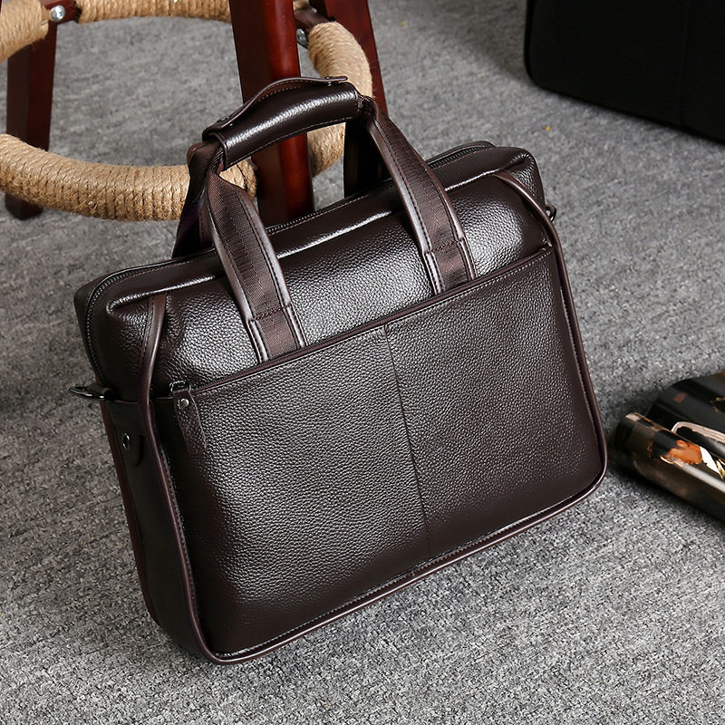 Túi đeo chéo nam da bò thật vân vải thiều, túi đeo vai ngang kiêm túi xách công sở 37×27×9 cm — Màu cà phê, Màu đen