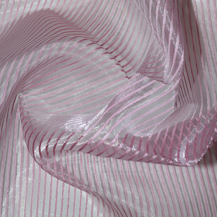 工厂现货浅粉色直条纹涤纶化妆包手提袋面料箱包辅料条纹网眼布