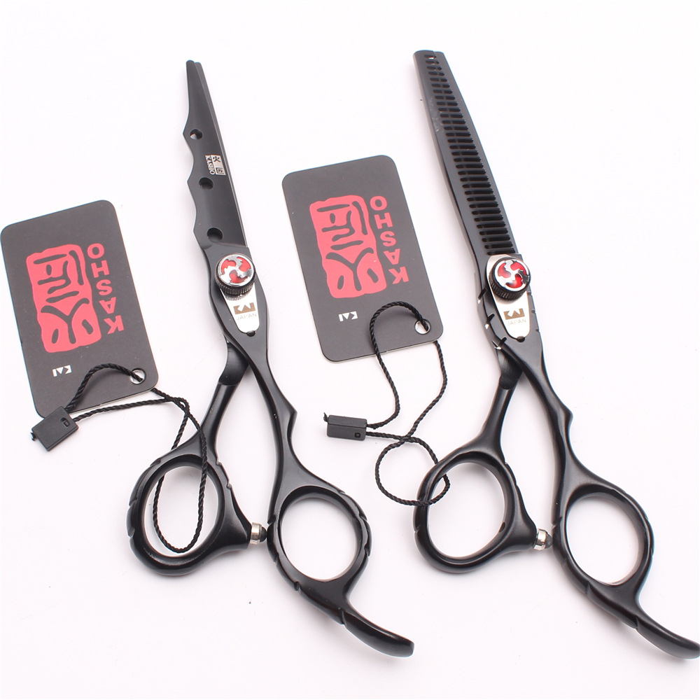 Tijeras de peluquería FIRESMITH 6.0”, corte recto y de entresacar, acabado en negro, rojo, blanco y morado