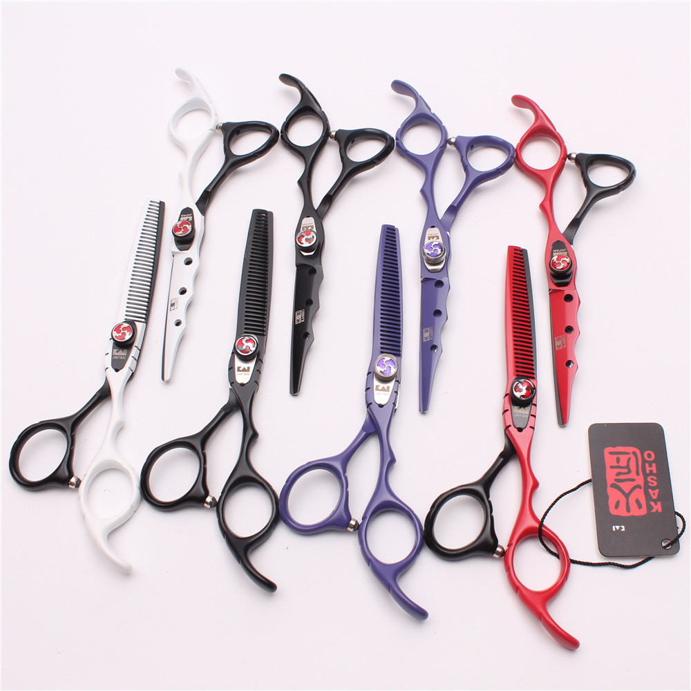 Tijeras de peluquería FIRESMITH 6.0”, corte recto y de entresacar, acabado en negro, rojo, blanco y morado