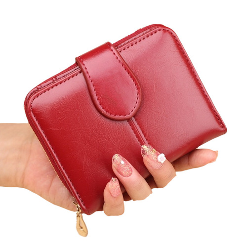 Women's short zipper coin purse oil wax leather coin bag small wallet card bag fashionable multi-card slot clutch Y007