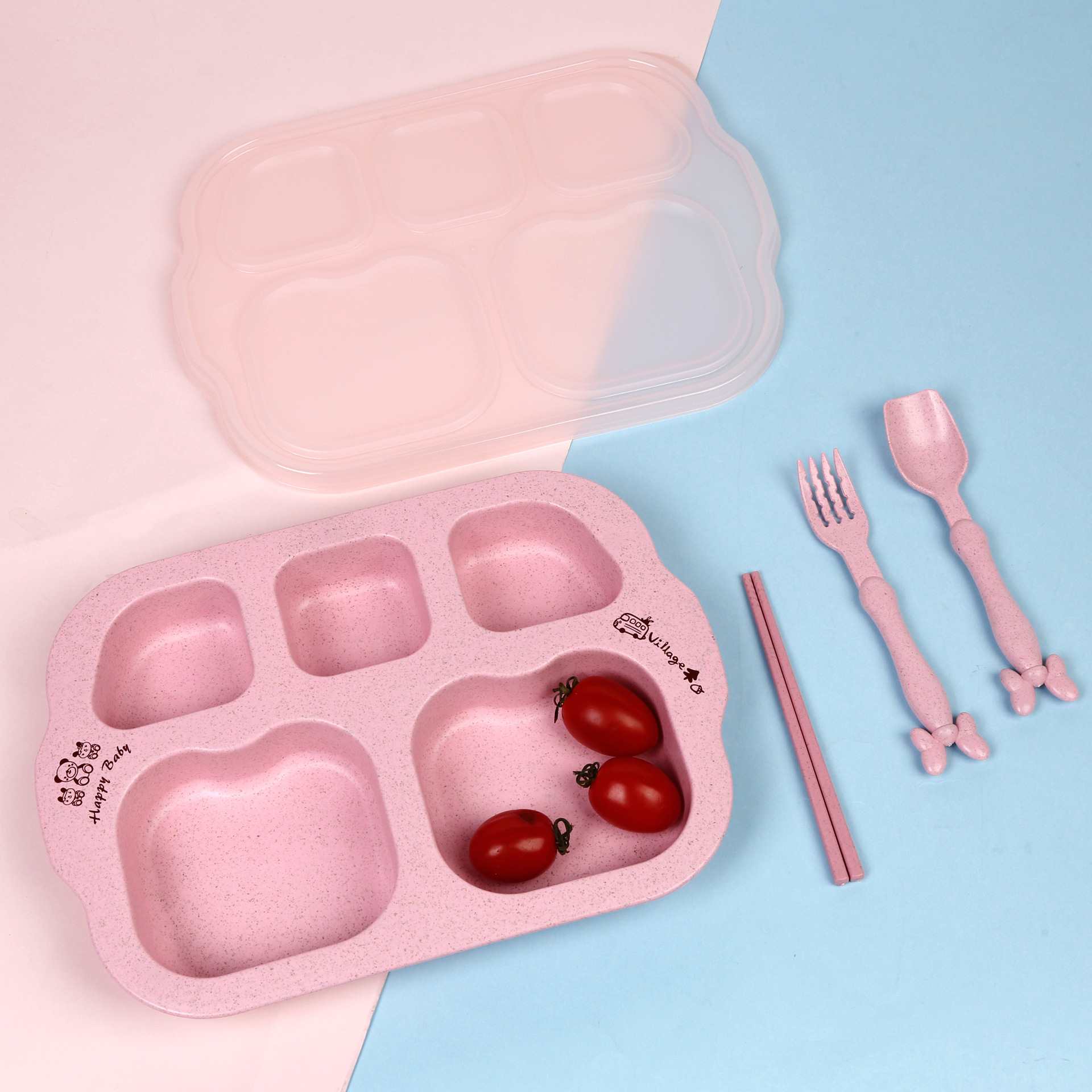 Jardín de infantes de paja de trigo comida dividida para niños Plato de desayuno de estudiantes Plato dividido con cuchara tenedor palillos