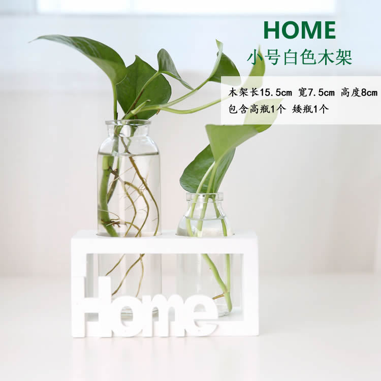 Soporte de madera creativo florero de vidrio hidropónico planta de rábano verde decoración de escritorio transparente Pequeño contenedor decoración de escritorio de oficina