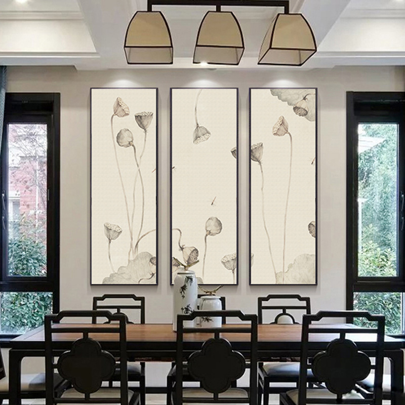 New Chinese Decorative Painting Living Room Bedroom Entrance Tea Room Zen Hanging Painting Lotus Canopy Office Lotus Ink Painting Vertical Edition