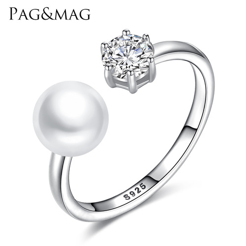PAG&MAG Pearl Ring S925 sterling silver with zircon opening adjustable freshwater pearl women's ring bracelet