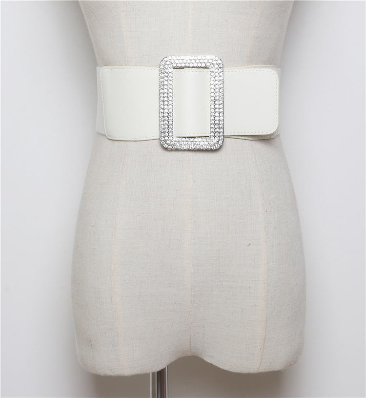 Moda todo partido flash diamante plata hebilla cuadrada cintura elástica pu cuero corsé cinturón con vestido ancho cintura sello de una sola pieza entrega