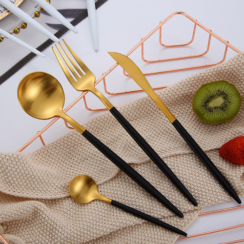 304 stainless steel tableware Portuguese same style knife, fork and spoon Western food tableware set brushed black and white gold four-piece set