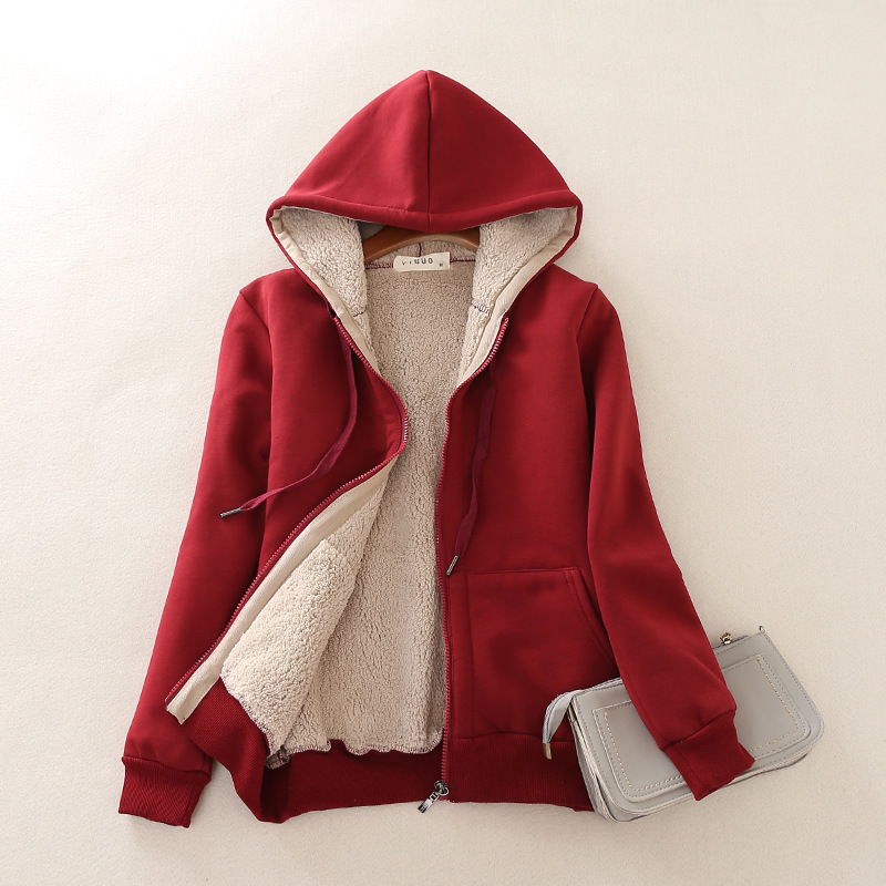 Berber fleece hooded sweater women's autumn and winter plus size student solid color warm cotton-padded coat fleece-lined thick zipper cardigan coat