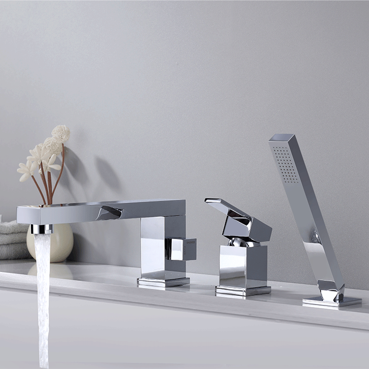 Copper lengthened mouth bathtub side sitting three-piece shower three-hole shower suit split rotating bathtub faucet
