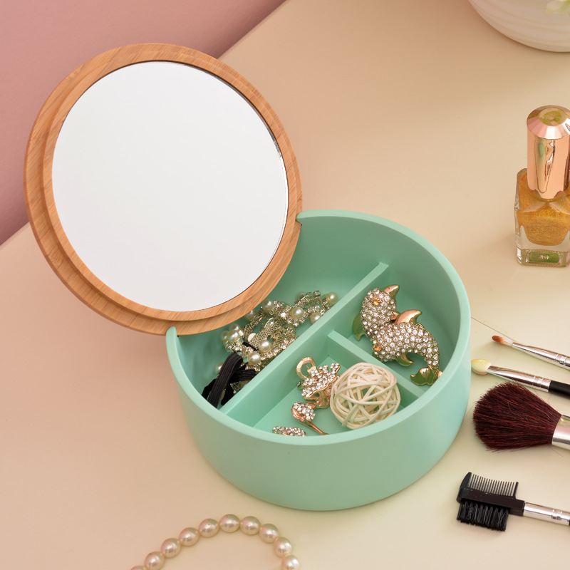 Espejo cosmético redondo simple con tapa caja de almacenamiento base de resina con tapa de bambú collar cosmético caja de espejo cosmético de escritorio