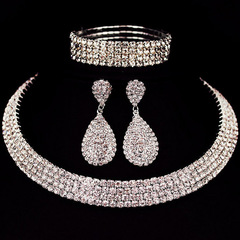 Elegant European and American-style luxury full-diamond sparkling rhinestone necklace, bracelet, and teardrop earring set—bridal accessories with 4 rows, model 4526