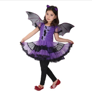 万圣节儿童服装女巫表演演出服化装舞会舞蹈服小女孩紫色蝙蝠裙子