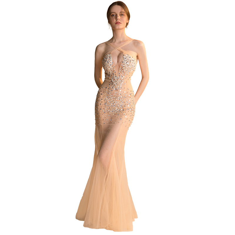 Vestido de noche sexy de malla transparente - Vestido largo ajustado transparente hecho a mano para mujer para pasarela de exhibición de autos_voghion.com