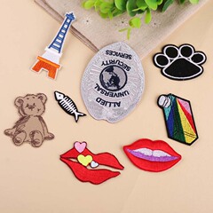 Embroidered iron tower, lips, little bear, fish bone fashion DIY patch, clothing patch, applique.