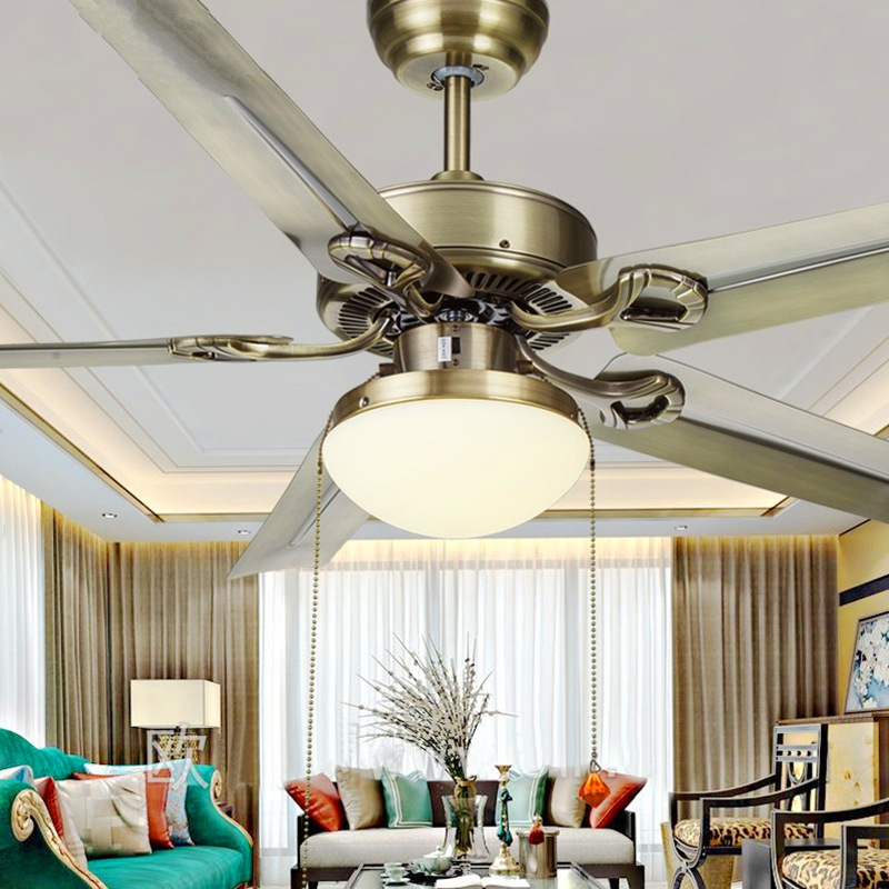 American ceiling fan lamp fan dining room lamp iron leaf LED wood leaf European retro living room single lamp fan household chandelier