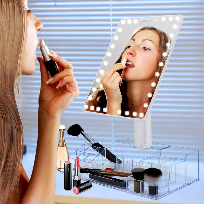 Led Makeup Mirror with Large Transparent Storage Box USB Plug-In Touch Dimmable Magnifying Makeup Mirror with Light Led Makeup Mirror with Large Transparent Storage Box USB Plug-In Touch Dimmable Magnifying Makeup Mirror with Light