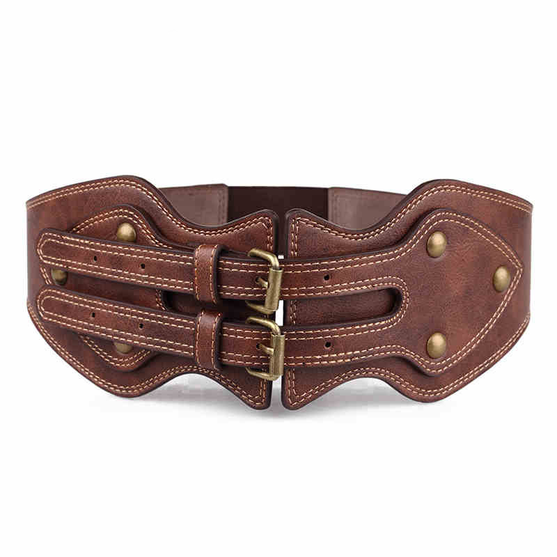 Cinto largo elástico com fivela dupla em couro Crazy Horse, estilo europeu e americano, versátil para usar com casacos femininos._voghion.com