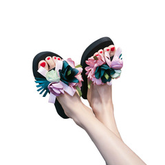Handmade European and American 2024 Summer New Women's Slides Fashion Large Flower Cross-border Bestselling Anti-slip High Heel Slides