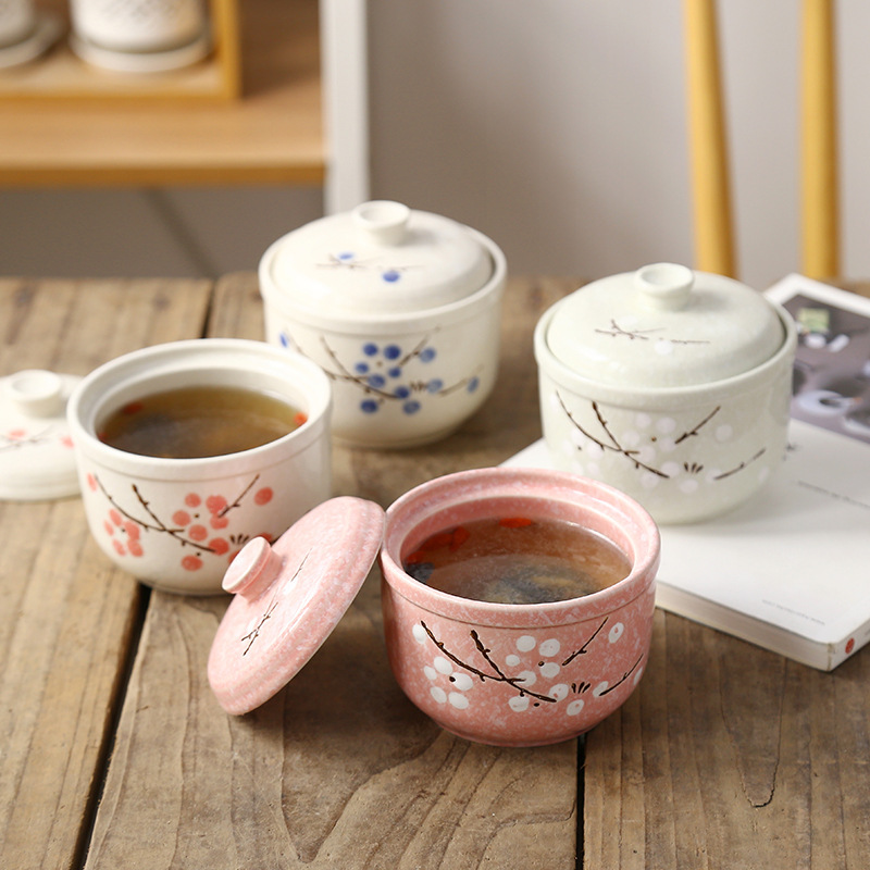 Japanese Ceramic Stew Pot, Household Steamed Egg Bowl, Soup Cup, Hotel Single Example Water-Proof Stew Bird's Nest Stew, Underglaze Color Liner