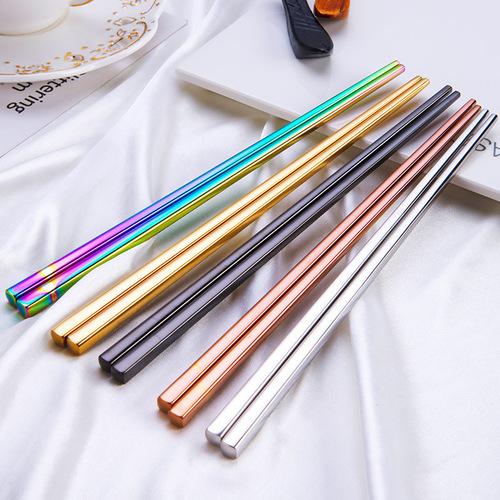 Amazon 304 stainless steel chopsticks ins hollow gold-plated color creative titanium square hotel chopsticks set wholesale