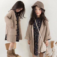 19041 Korean children's sweater for girls, forest system, thick knitting V-neck, children's cardigan, single-breasted button top