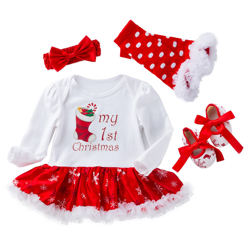 Abbigliamento per bambini Autunno e inverno Natale grande fiocco di neve gonna ragazza gonna vestito bambino manica lunga vestito bambino 4 pezzi set all'ingrosso_voghion.com