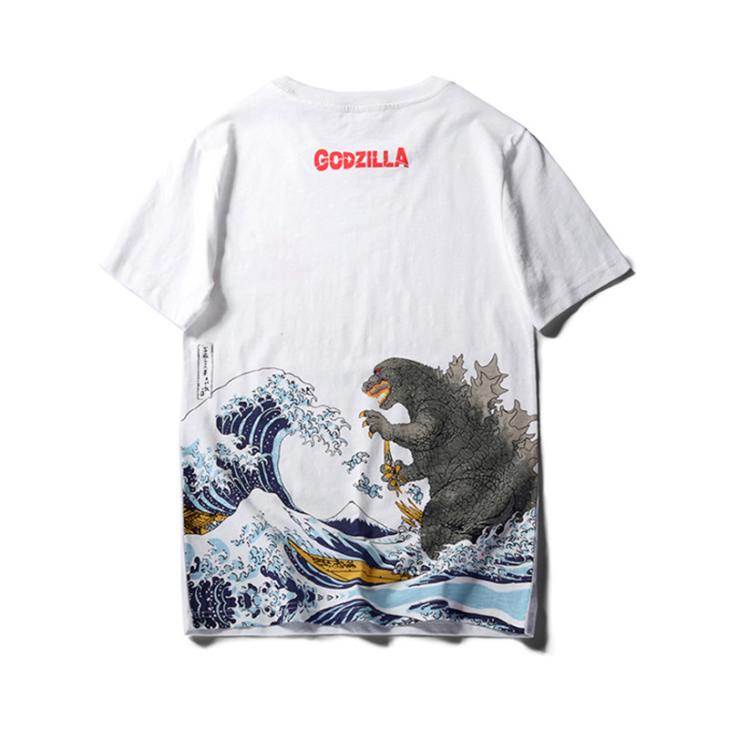 日本式のファッションブランドのメンズの原宿風のゴジラの無感のプリントのメンズの半袖のtシャツの浮世絵のカップルのスポーツシャツ