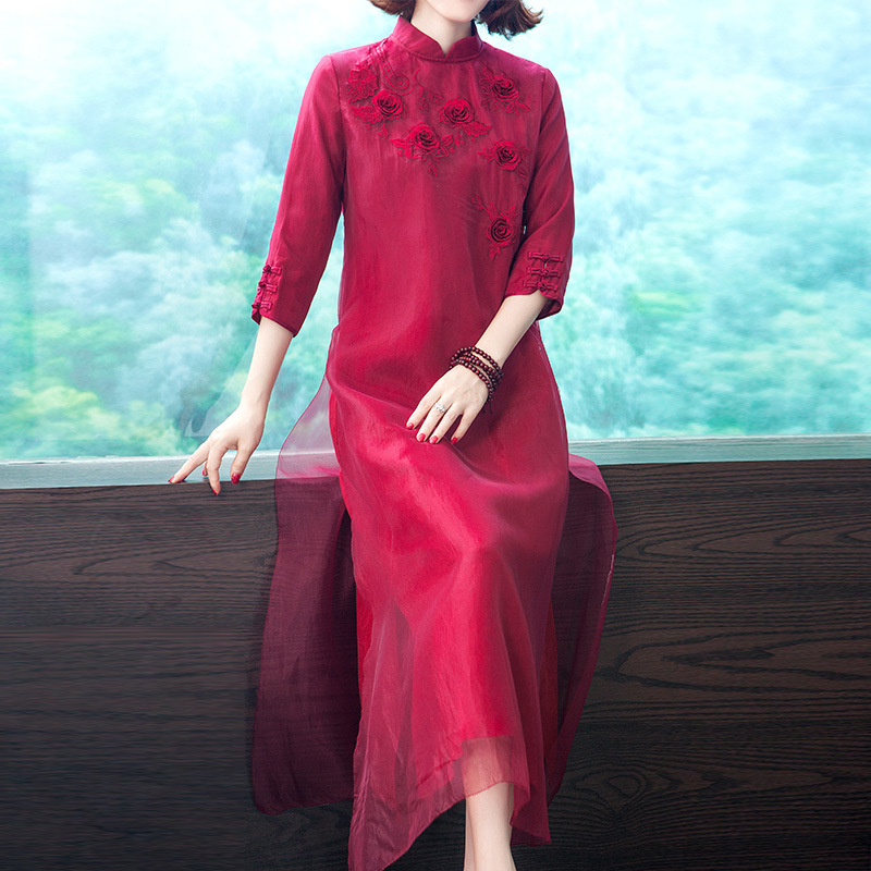 [Mainly Recommended Style] Plus-Size Women's Clothing 2025 Spring New Vintage Chinese Style Stand-Up Collar Embroidered Dress, One-Piece Wholesale