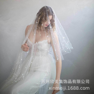 V031 factory wholesale European and American wedding double pearl veil hand-stitched hair comb encrypted bridal veil