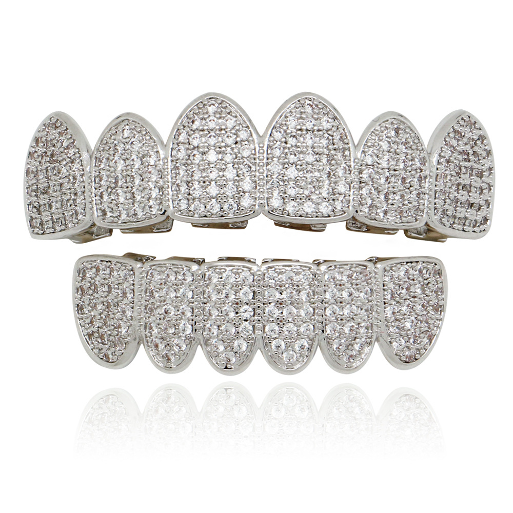 18K chapado en oro 4A micro-con incrustaciones de circón hip hop diamante-incrustado oro tirantes para hombres y mujeres Halloween dientes falsos parrillas
