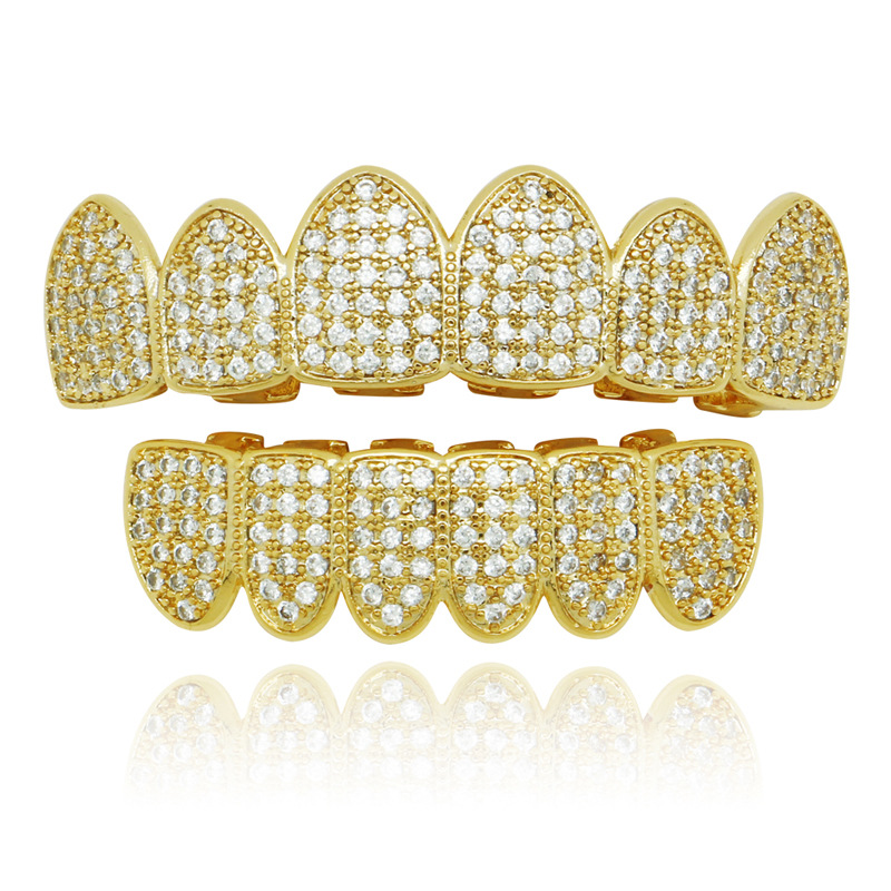 18K chapado en oro 4A micro-con incrustaciones de circón hip hop diamante-incrustado oro tirantes para hombres y mujeres Halloween dientes falsos parrillas