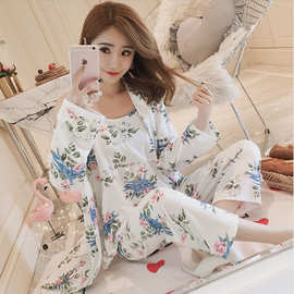 韩版睡衣女秋季牛奶丝长袖日式夏款甜美性感吊带三件套厂家批发