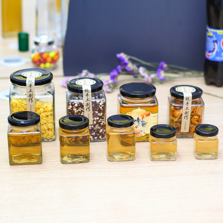 Glass Square Honey Bottle Square Bird's Nest Glass Bottle Pickles Chili Sauce Canned Bottle Sealed Glass Jar with Lid