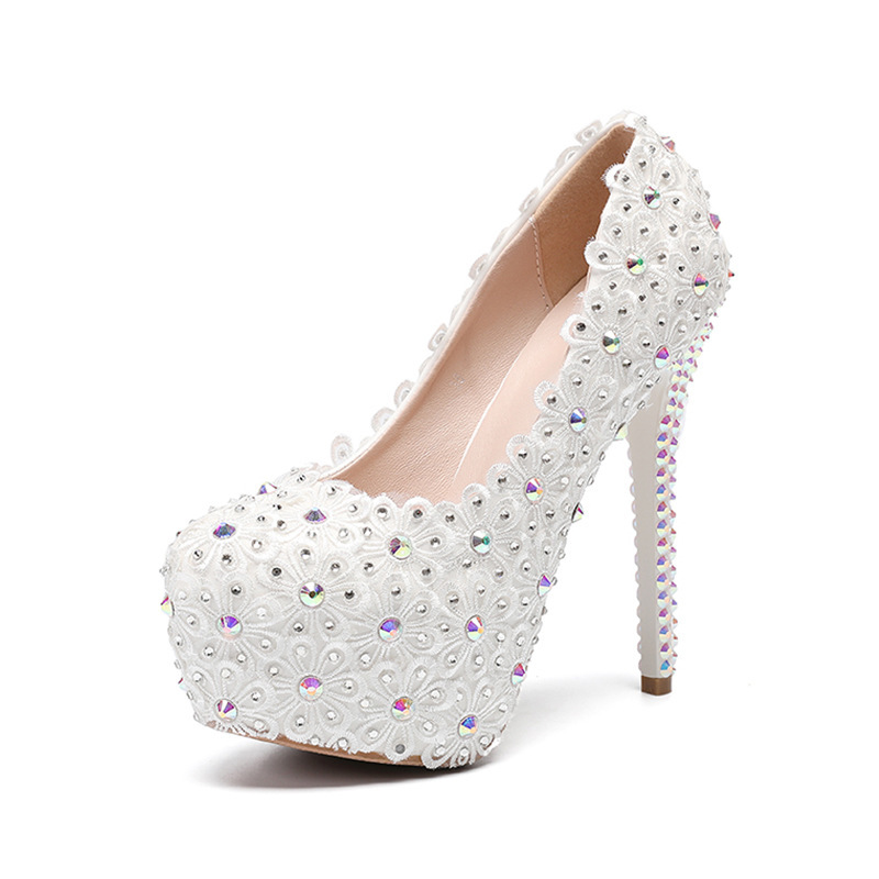 2020 White Lace Flower High-heeled Wedding Shoes European and American Fine High-heeled Flash Diamond Women's Shoes High-heeled Single-layer Shoes Spot 2020 White Lace Flower High-heeled Wedding Shoes European and American Fine High-heeled Flash Diamond Women's Shoes High-heeled Single-layer Shoes Spot