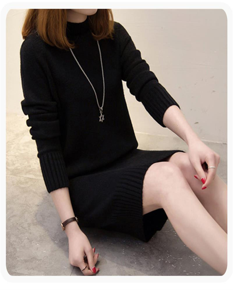 K New Women's Half-turtleneck Pullover Sweater; Loose Midi Dress; Women's Knit Dress As A Base Layer. No Necklace Or Other Accessories_voghion.com