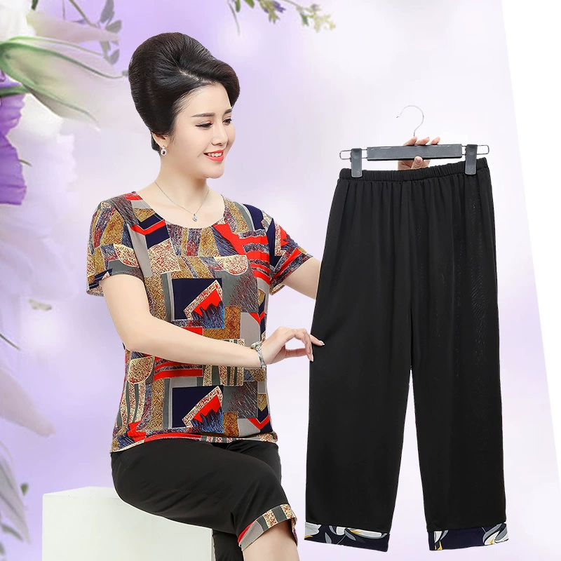 Свободные женские костюмы больших размеров среднего и пожилого возраста, брюки из ледяного шелка, хлопок, новые летние брюки для мам из двух частей с короткими рукавами, производитель 7 штанов