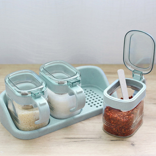 Kitchen tool glass seasoning box combination set Wall-mounted punch-free glass seasoning bottle Seasoning jar set