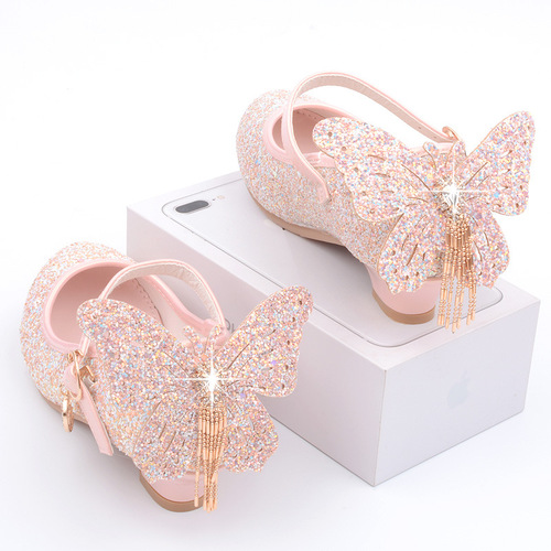 Factory direct sales of new girls' high heels, Princess Elsa leather shoes, spring and autumn Korean version of Frozen shoes, sequined children's shoes