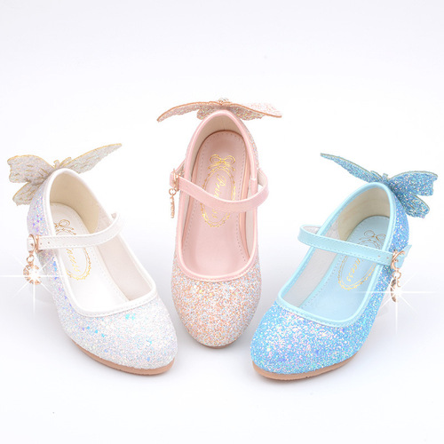 Factory direct sales of new girls' high heels, Princess Elsa leather shoes, spring and autumn Korean version of Frozen shoes, sequined children's shoes