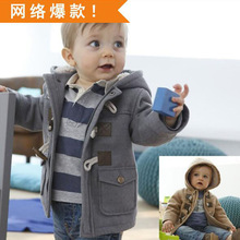 亚马逊儿童牛角扣连帽外套纯色棉服中小童一件代发