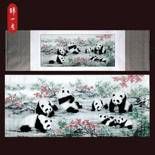 蜀锦工艺品挂画成都地方特色家饰礼品中华熊猫图卷轴