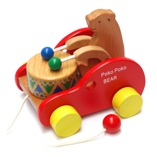 Beech wooden bear drum car early education educational children's toy drag toddler toy pull car toy children.5