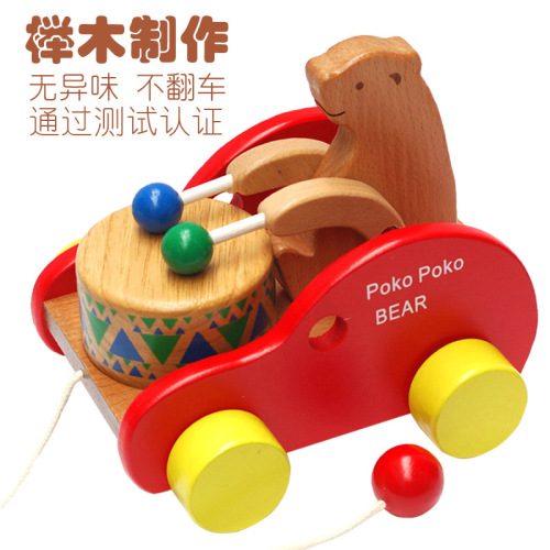 Beech wooden bear drum car early education educational children's toy drag toddler toy pull car toy children.5