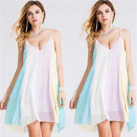 2024速卖通ebay外贸款欧美新款雪纺彩虹吊带连衣裙沙滩裙