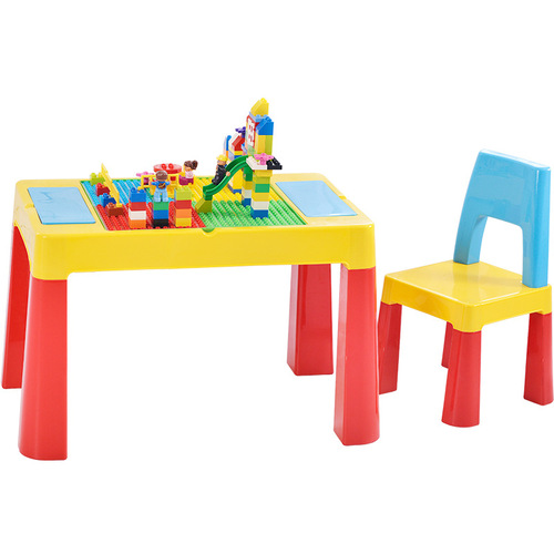 Kindergarten table and chair set wholesale, compatible with large and small particle tables and chairs, multi-functional plastic assembled children's building block table