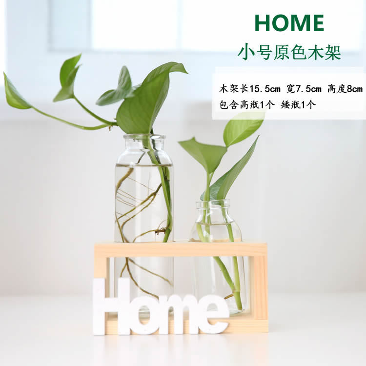 Soporte de madera creativo florero de vidrio hidropónico planta de rábano verde decoración de escritorio transparente Pequeño contenedor decoración de escritorio de oficina