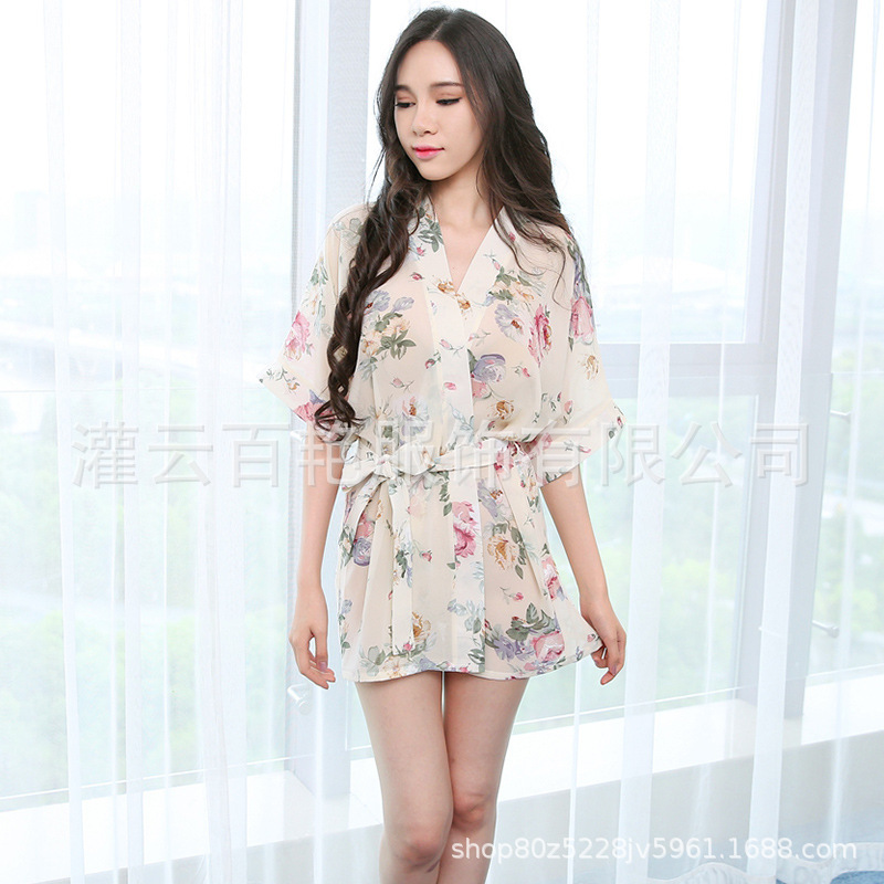 Sexy Lingerie for Women, Seductive Chiffon Loungewear, Transparent Printed Kimono, Lower Body Missing, Erotic Nightgown 1528