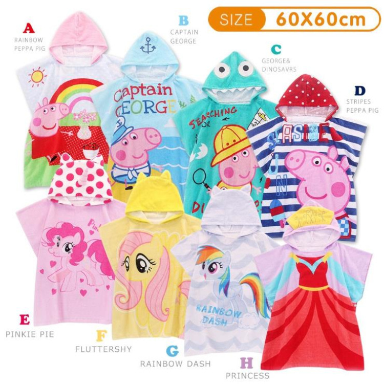 Factory Direct Sales Cartoon Children's Bathrobe Pure Cotton Cut Velvet Print Cartoon Animal Cloak Baby Hooded Bath Towel Beach